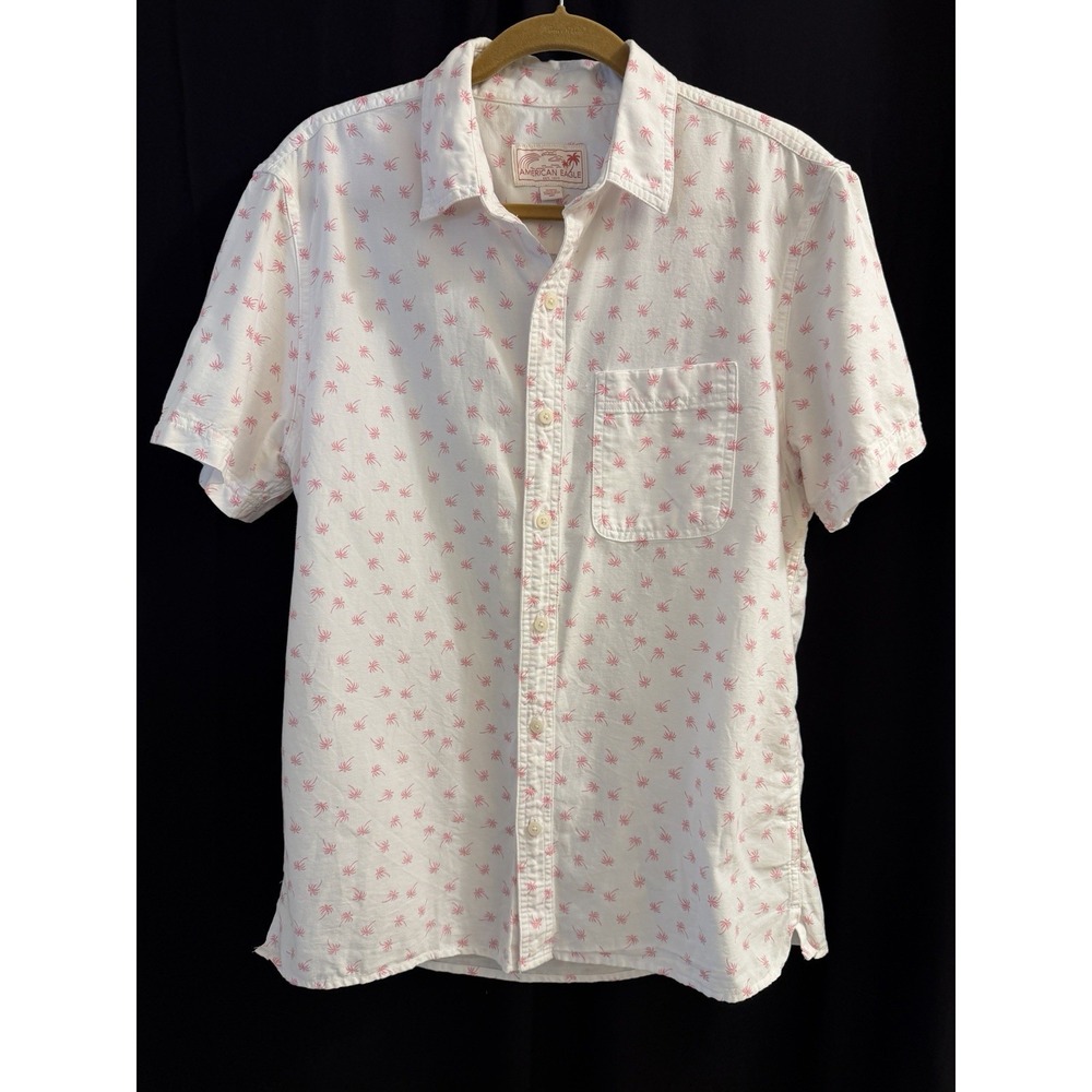 Men's Short Sleeve Shirt Button Up M 100% Cotton American Eagle White w/ Pink